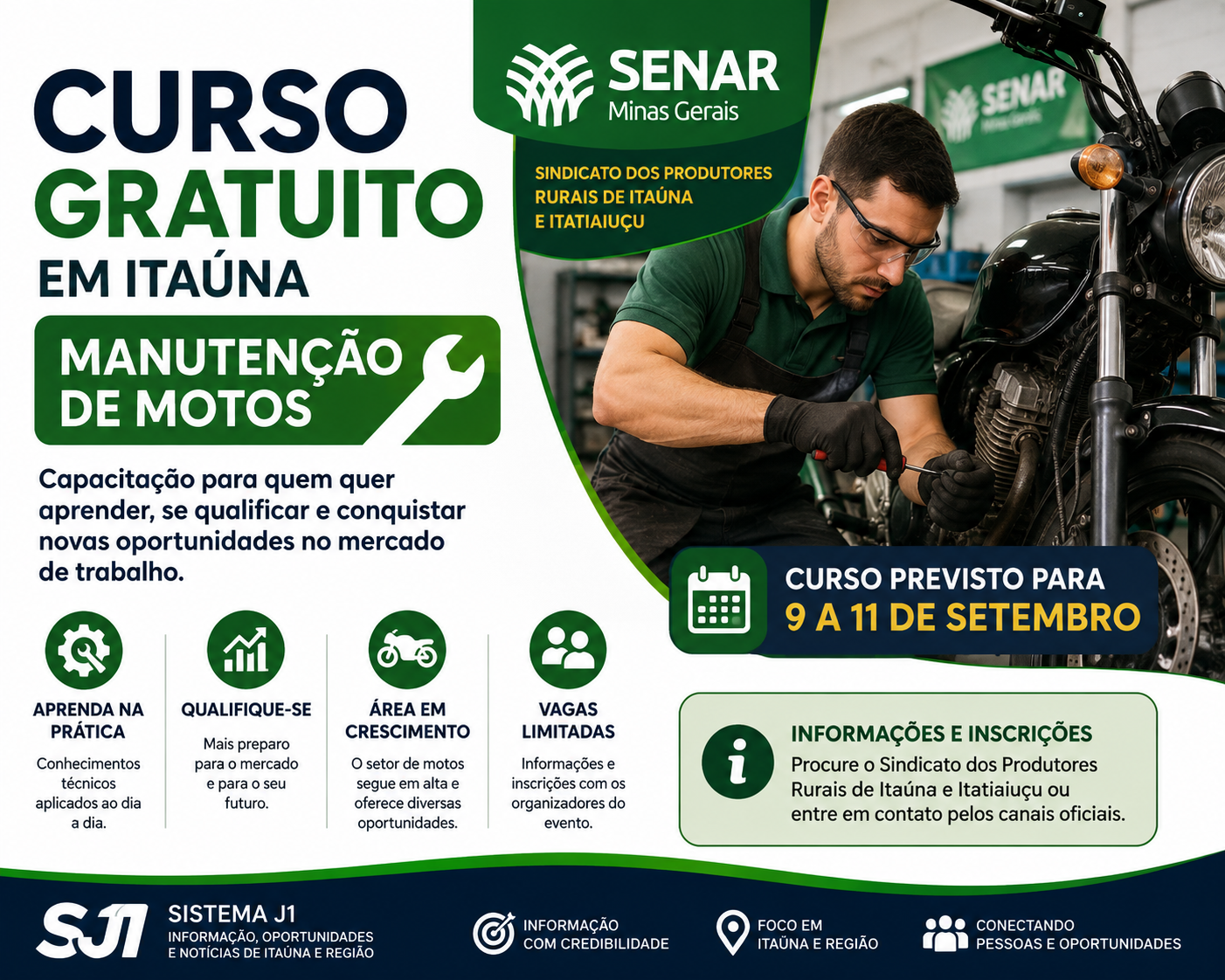 SENAR oferece curso gratuito de manutenção de motos em Itaúna; veja como participar