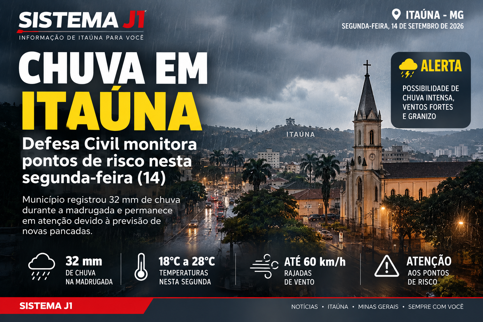 Chuva em Itaúna: Defesa Civil monitora pontos de risco nesta segunda-feira (14)