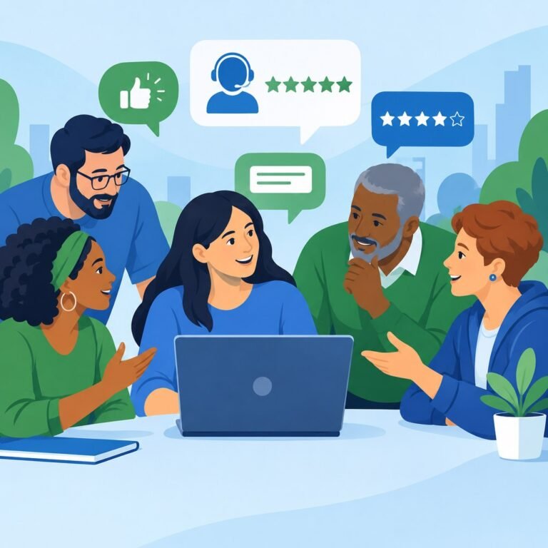 Ilustração de cinco pessoas reunidas diante de um computador, com símbolos de atendimento e avaliações por estrelas.