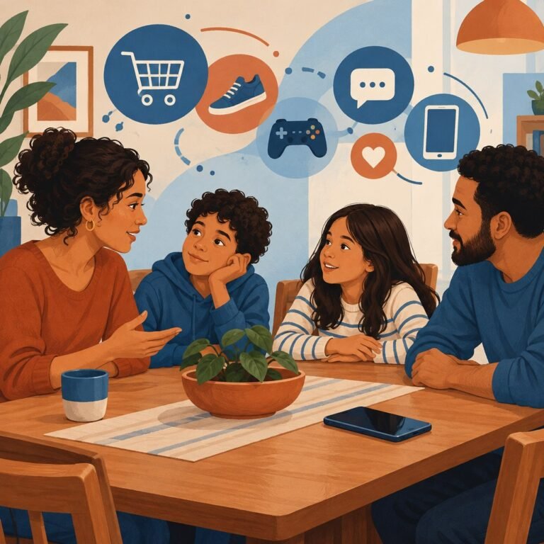 Ilustração de uma família conversando à mesa, com ícones de compras, jogos e celular ao fundo.