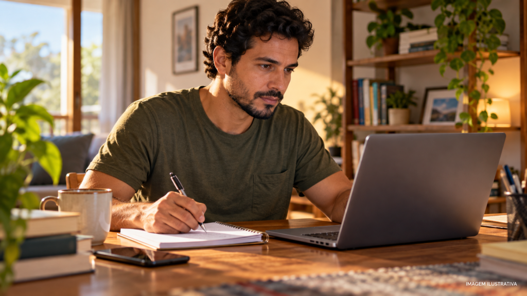 Homem estudando com notebook e caderno em casa