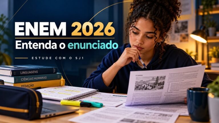 Arte ilustrativa para o Enem 2026: estudante lê uma questão, com livros e caderno sobre a mesa. Texto: Entenda o enunciado.