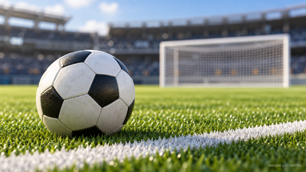 Bola de futebol sobre o gramado, com gol ao fundo — imagem ilustrativa.