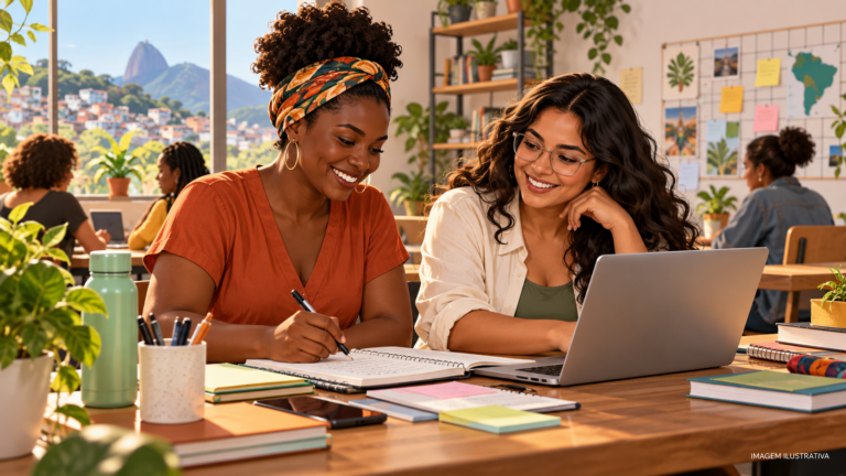 Imagem ilustrativa de duas mulheres estudando com notebook e caderno.